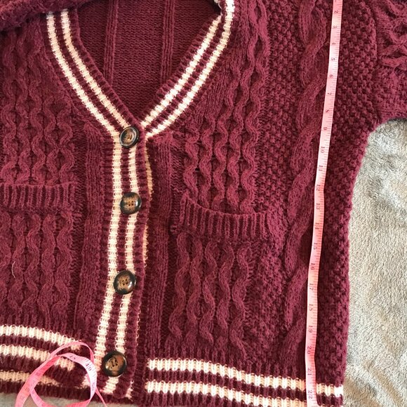 Burgandy cardigan tennis prep preppy academia women S cable knit chunky slouchy - Picture 7 of 8